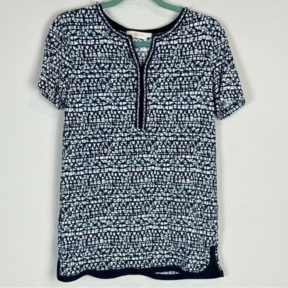 Tory Burch Linen Indigo Beaded Short Sleeve Tunic S